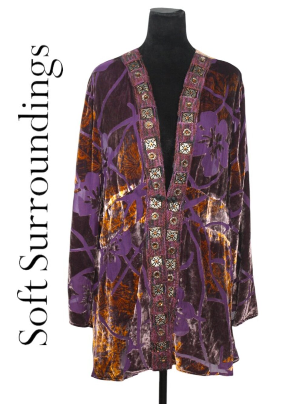 Soft Surroundings Burned Velvet Purple Cardigan with Decorative Buttons Size XL
